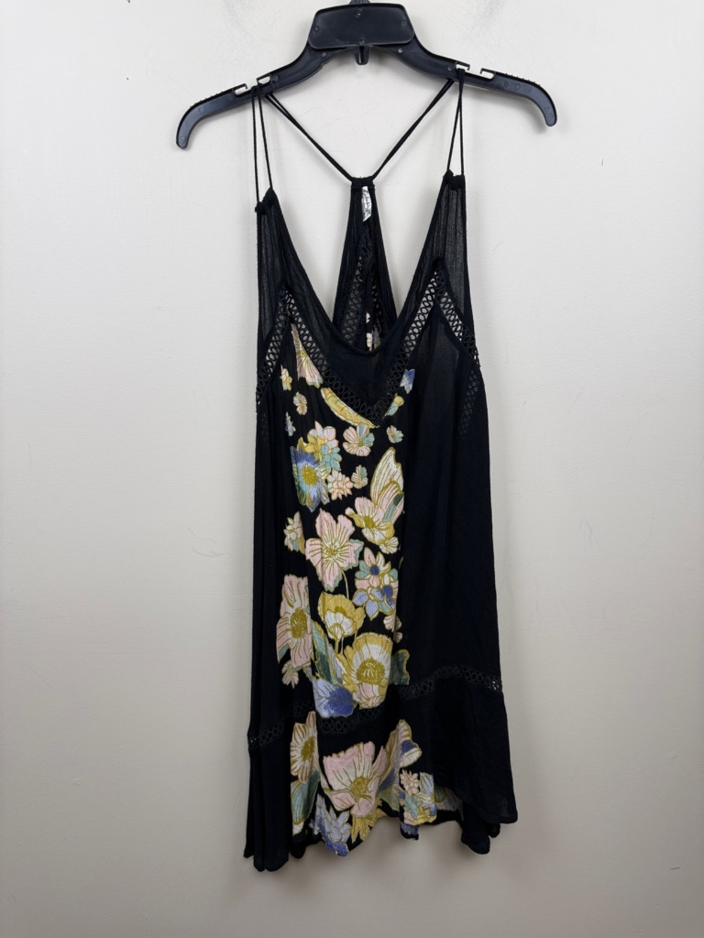 Free People Black Mini Dress with Pastel Floral Embroidery